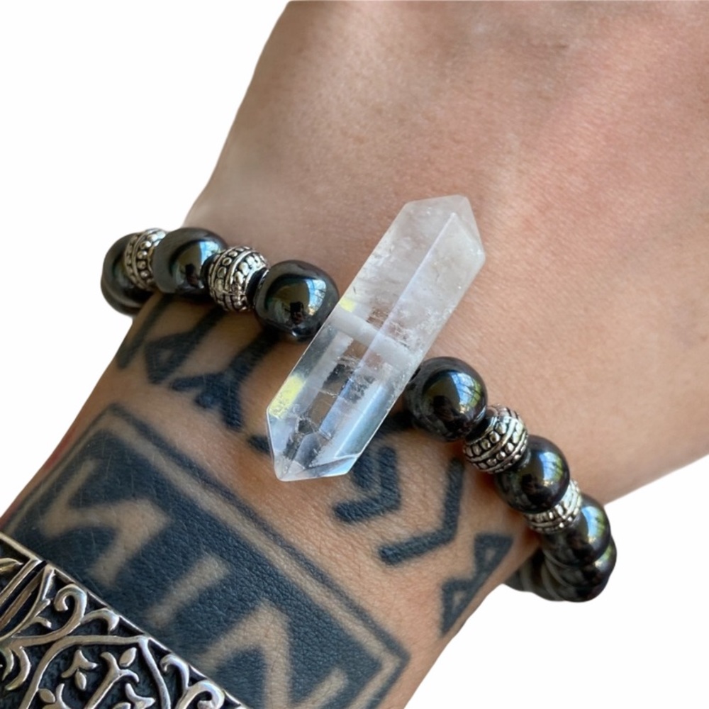 Genuine double point crystal quartz hematite beads